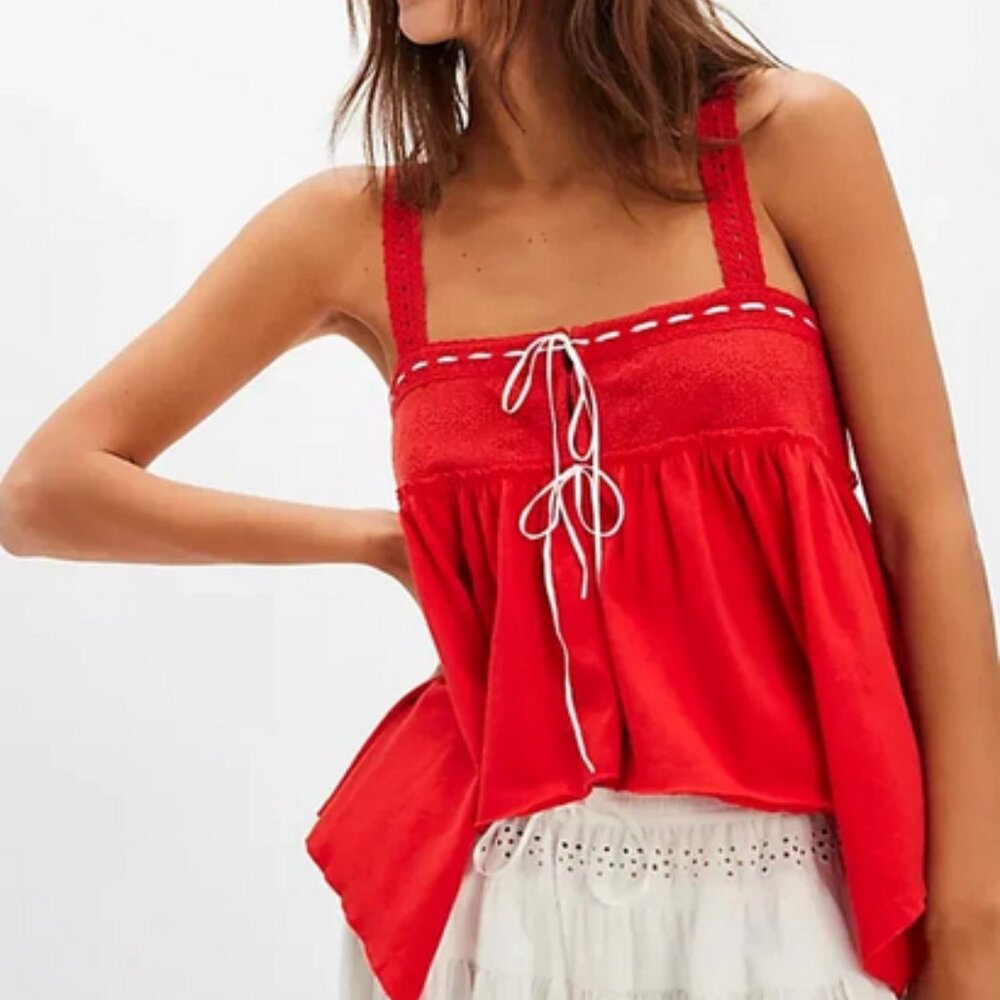 Free People Melrose Knit Tank Red Babydoll Embroidered Lace Straps S - Picture 1 of 5